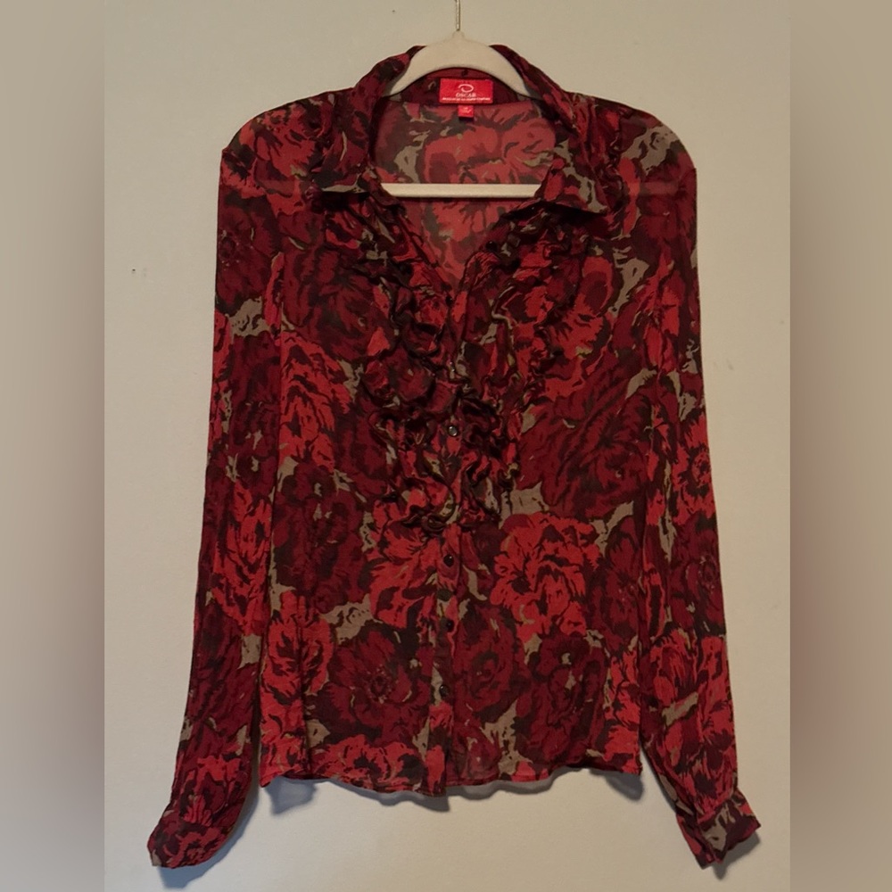 GUC Vintage Red Floral Oscar de la Renta Women's Sheer Button Down Blouse